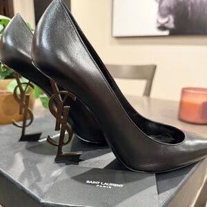 Saint Laurent YSL Opyum Logo Heel Black Leather Pumps Size 39